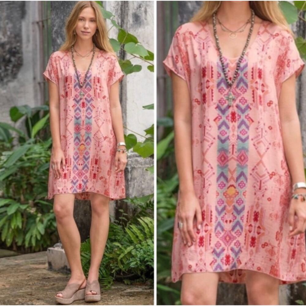 Sundance Silk Pink Geometric Print Shift Dress Boho Southwest Large